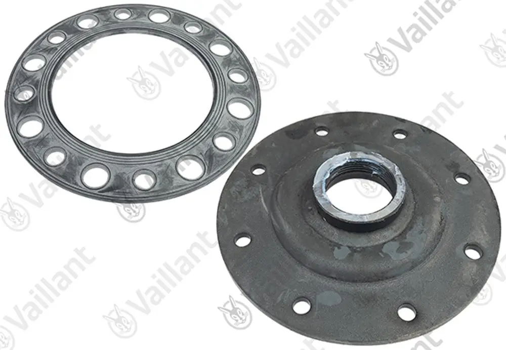 Flansch von Vaillant, bestehend aus zwei Teilen: ein flacher Ring mit Bohrungen und ein konischer, gewölbter Teil mit einer zentralen Öffnung.
